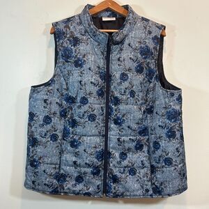 NorthStyle Blue Floral Roses Puffer Vest Size 2X Utility Cottagecore